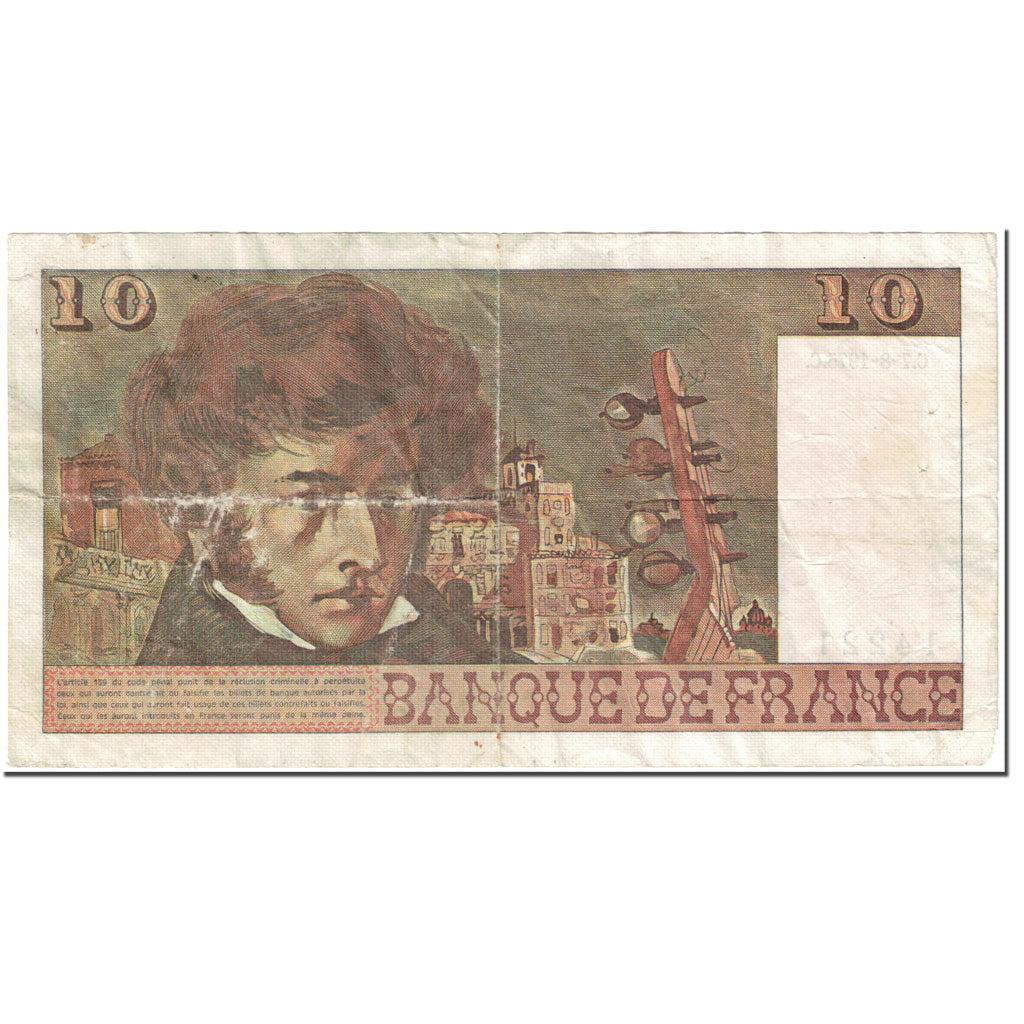 França, 10 Francs, Berlioz, 1975, 1975-08-07, VG(8-10), Fayette:63.12, KM:150b