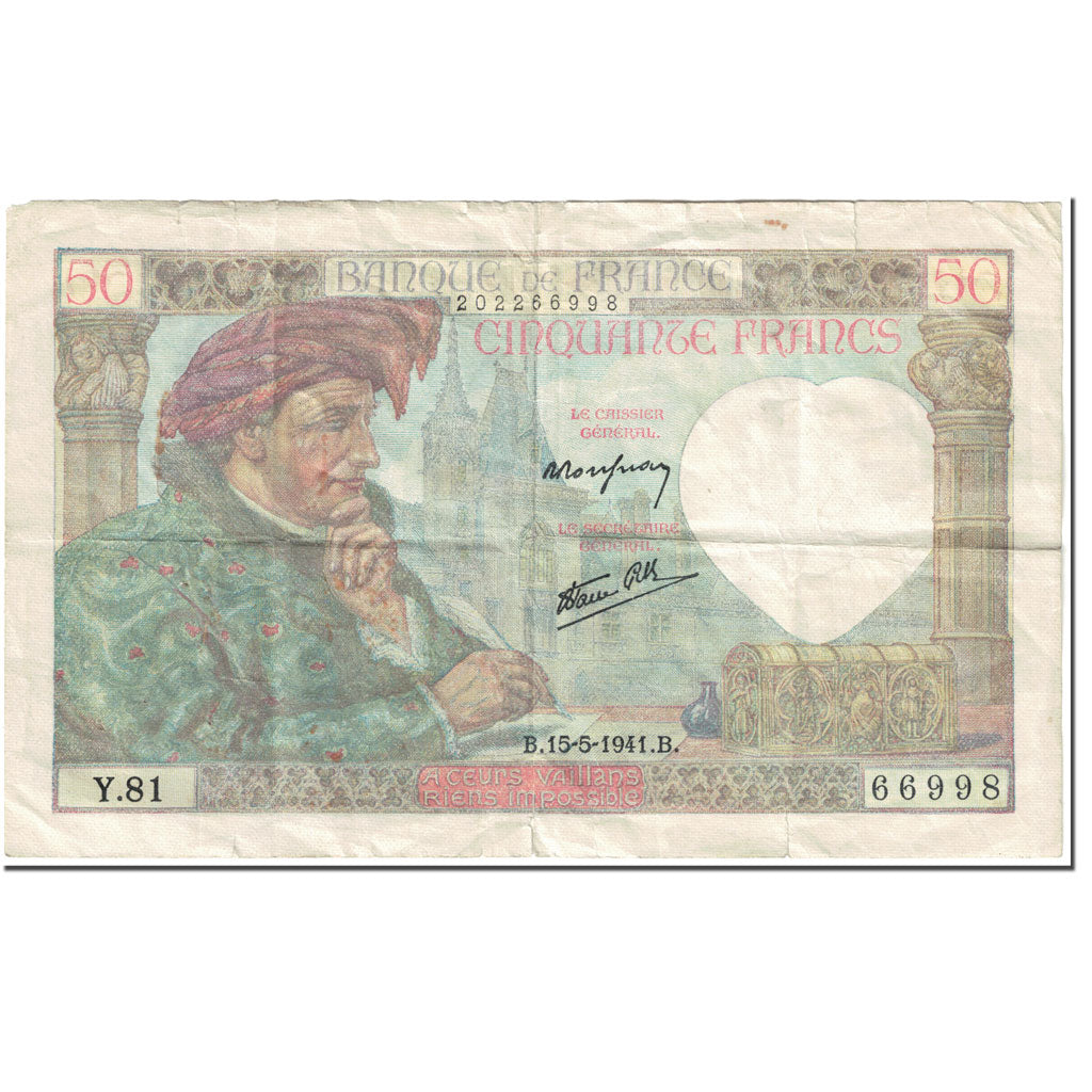 Francja, 50 Francs, Jacques Coeur, 1941, 1941-05-15, VG(8-10), Fayette:19.11