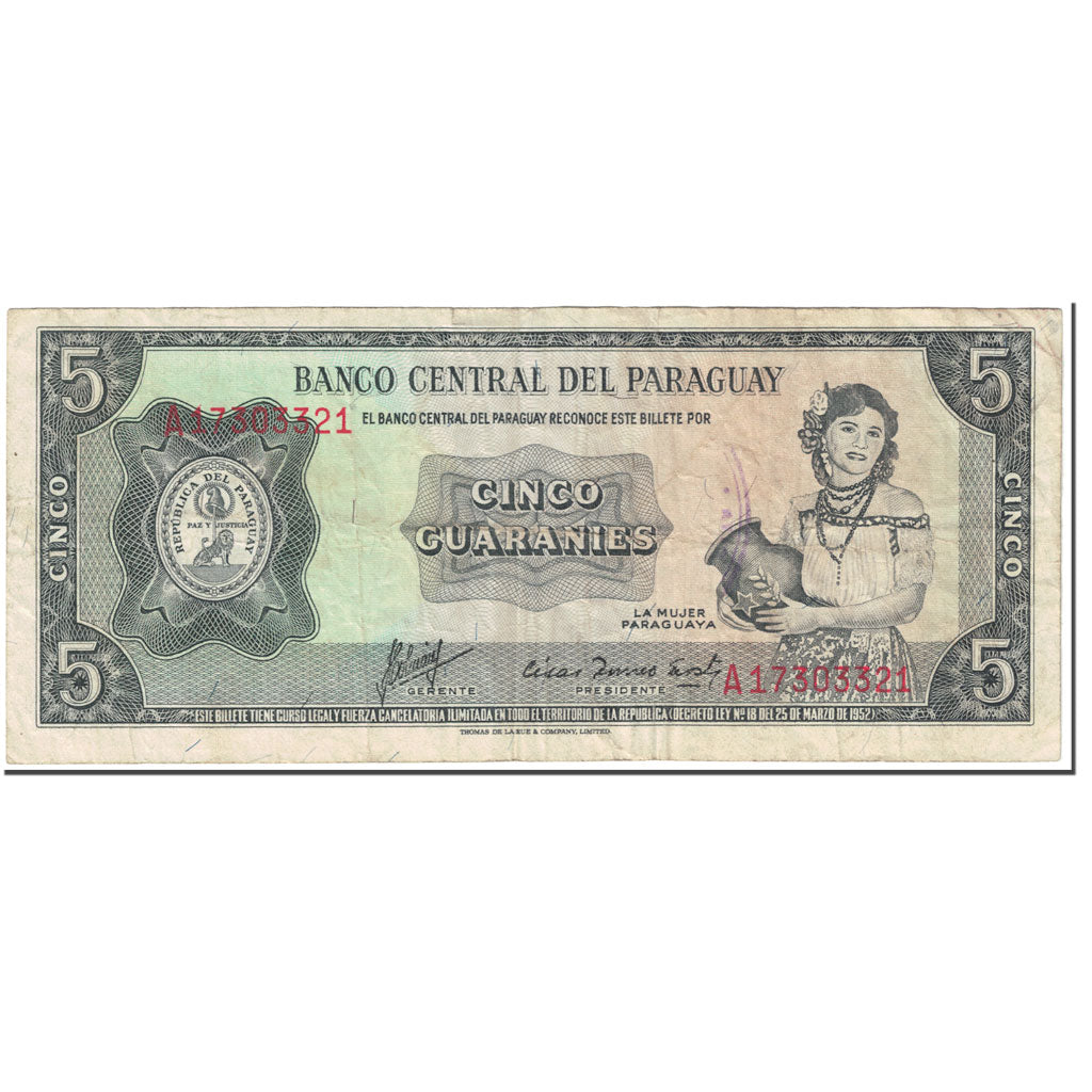 Billet, Paraguay, 5 Guaranies, 1963, Undated (1963), KM:195b, TB