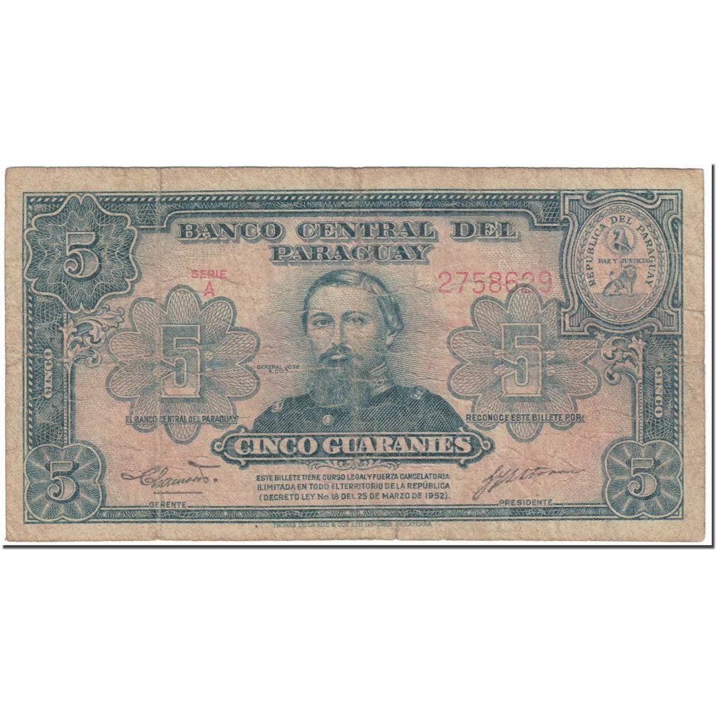 Banknote, Paraguay, 5 Guaranies, 1952, Undated (1952), KM:186a, VF(20-25)