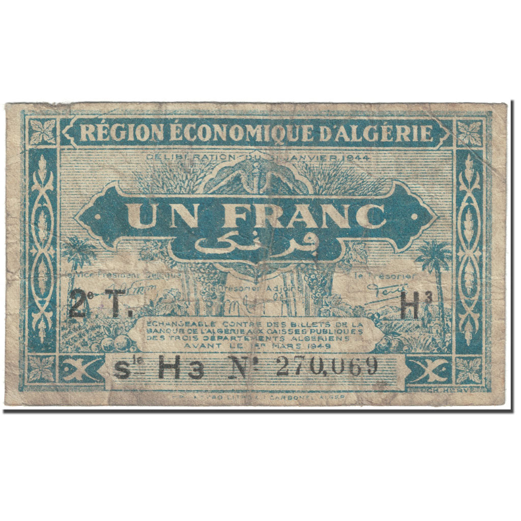Banknote, Algeria, 1 Franc, 1944, 1944-01-31, KM:101, VG(8-10)