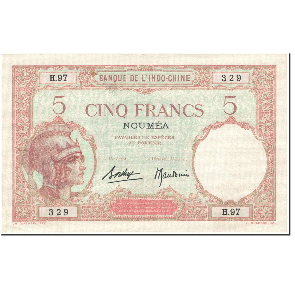 Banknote, New Caledonia, 5 Francs, 1926, Undated (1926), KM:36b, AU(55-58)