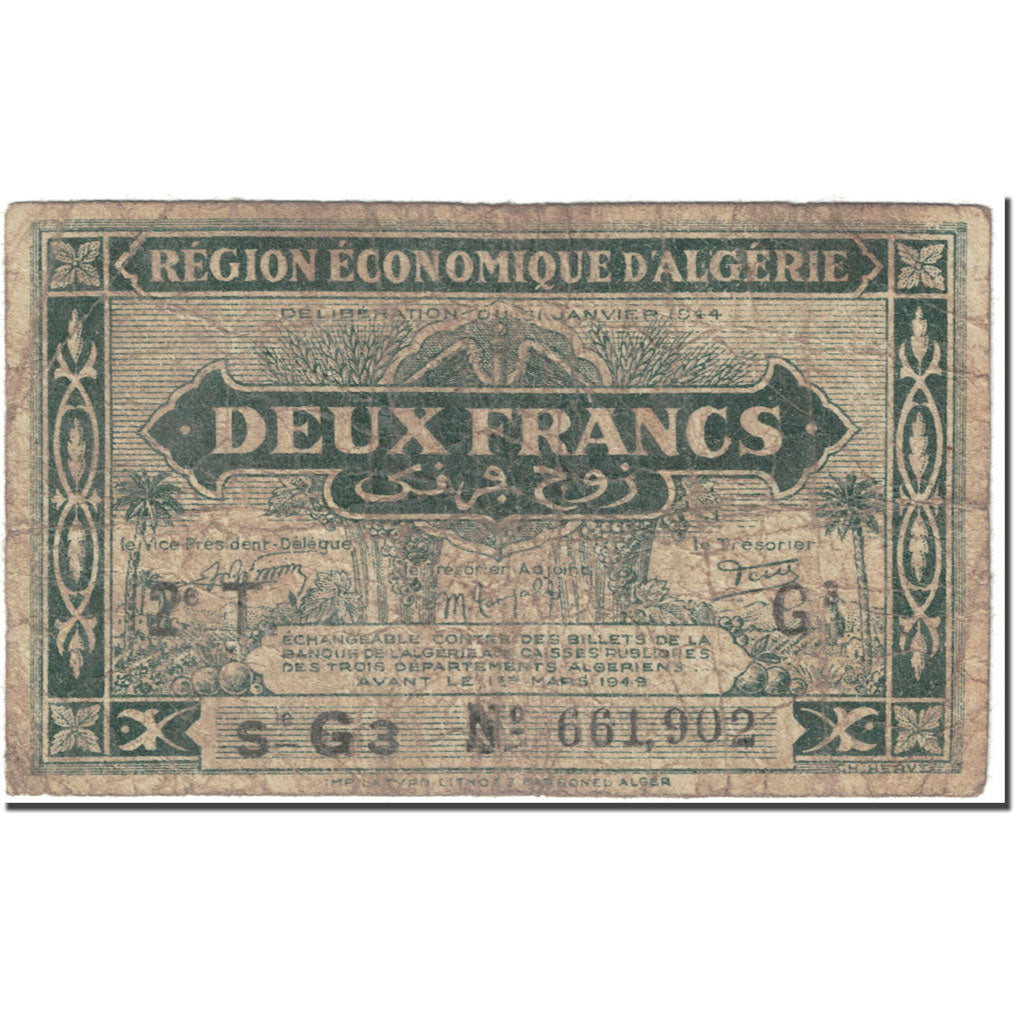 Banknote, Algeria, 2 Francs, 1944, Undated (1944), KM:102, VG(8-10)
