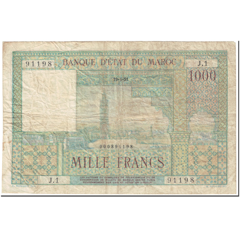 Banknote, Morocco, 1000 Francs, 1951, 1951-04-19, KM:47, VF(20-25)