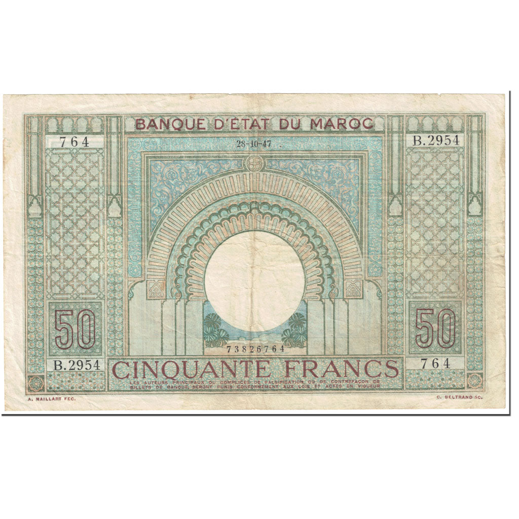Banknote, Morocco, 50 Francs, 1947, 1947-10-28, KM:21, VF(20-25)