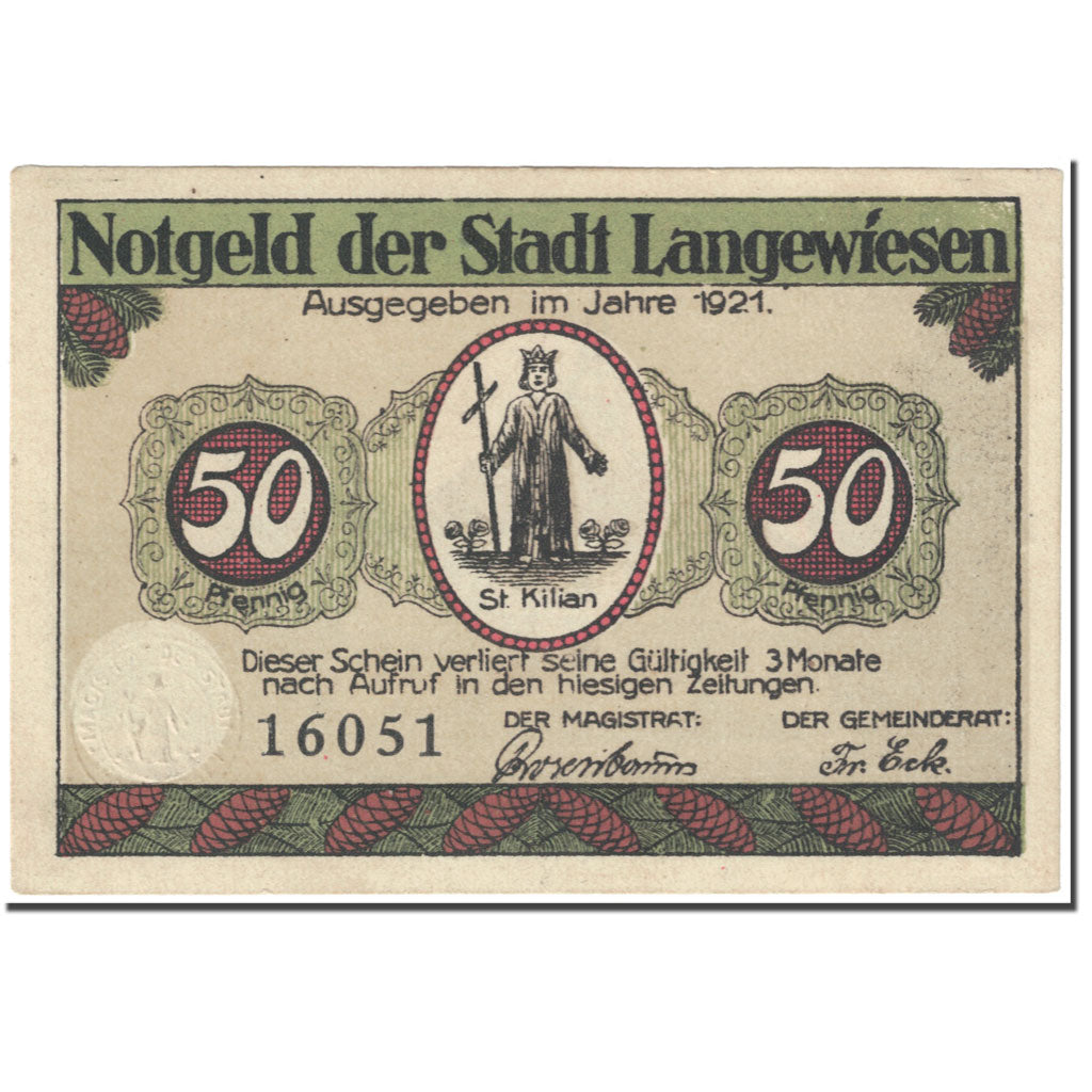 Banknote, Germany, Langewiesen, 50 Pfennig, Eglise, 1921, Undated (1921)