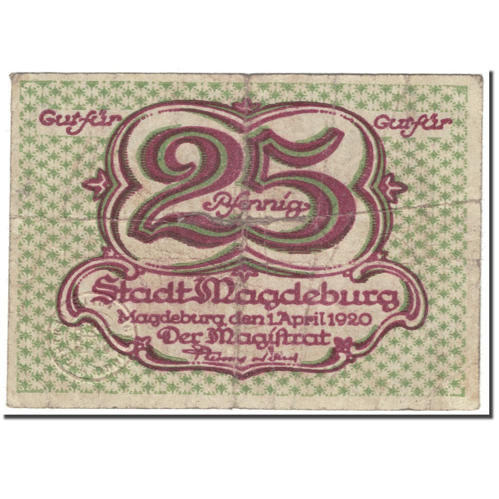 Banconote, Germania, Magdeburg, 25 Pfennig, château, 1920, 1920-04-01, MB