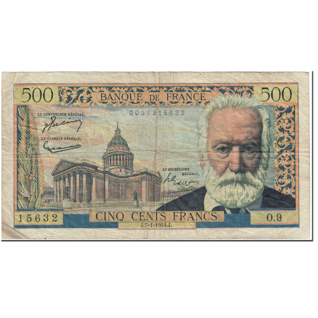 France, 500 Francs, Victor Hugo, 1954, 1954-01-07, VF(20-25), Fayette:35.1