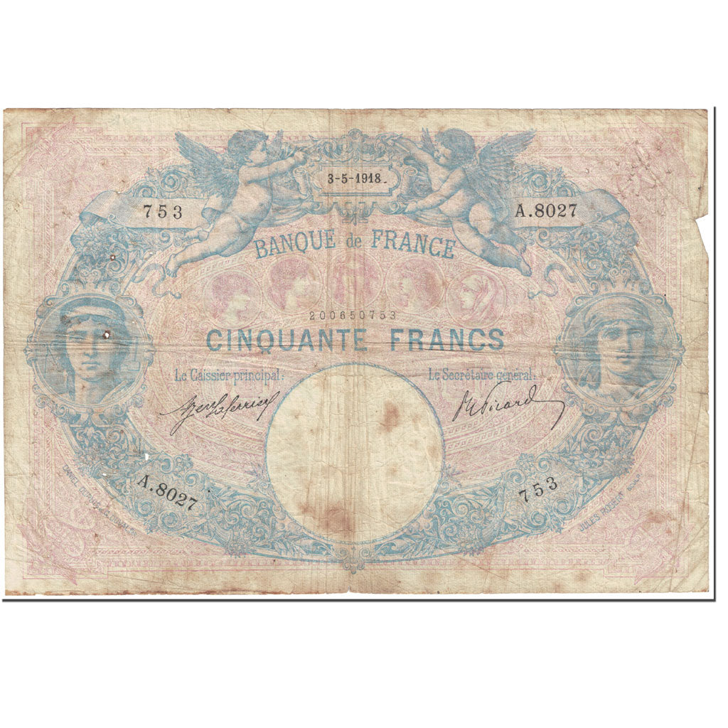 Francia, 50 Francs, Bleu et Rose, 1918, 1918-05-03, B, Fayette:14.31, KM:64e
