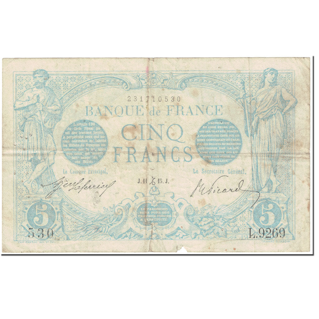 Francja, 5 Francs, Bleu, 1915, 1915-12-11, VG(8-10), Fayette:2.34, KM:70