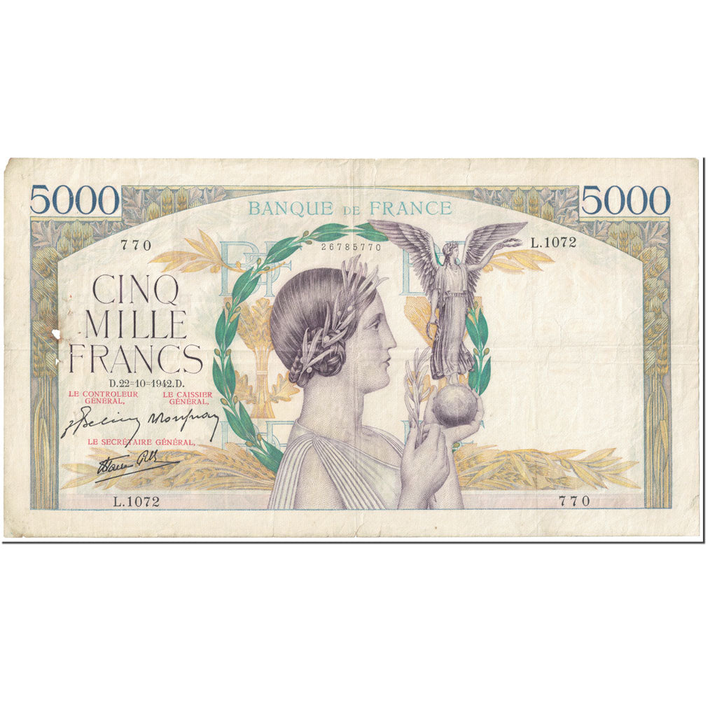 Frankreich, 5000 Francs, Victoire, 1942, 1942-10-22, SGE, Fayette:46.43, KM:97c