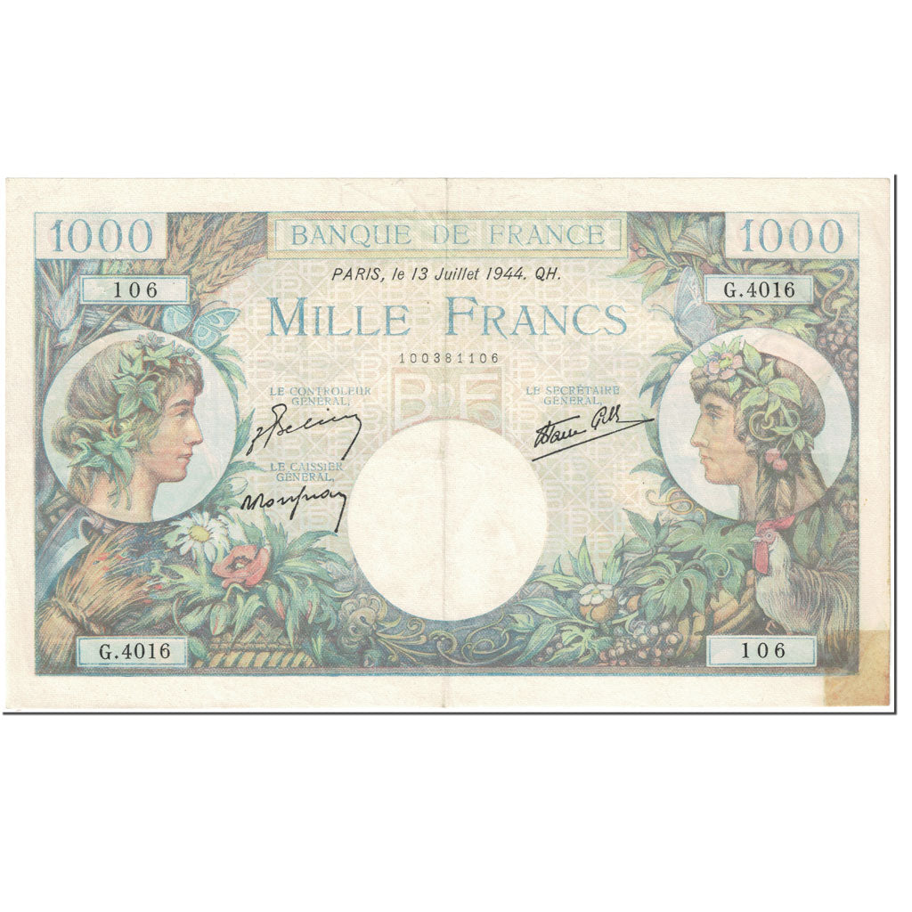 France, 1000 Francs, Commerce et Industrie, 1944, 1944-07-13, VF(20-25)