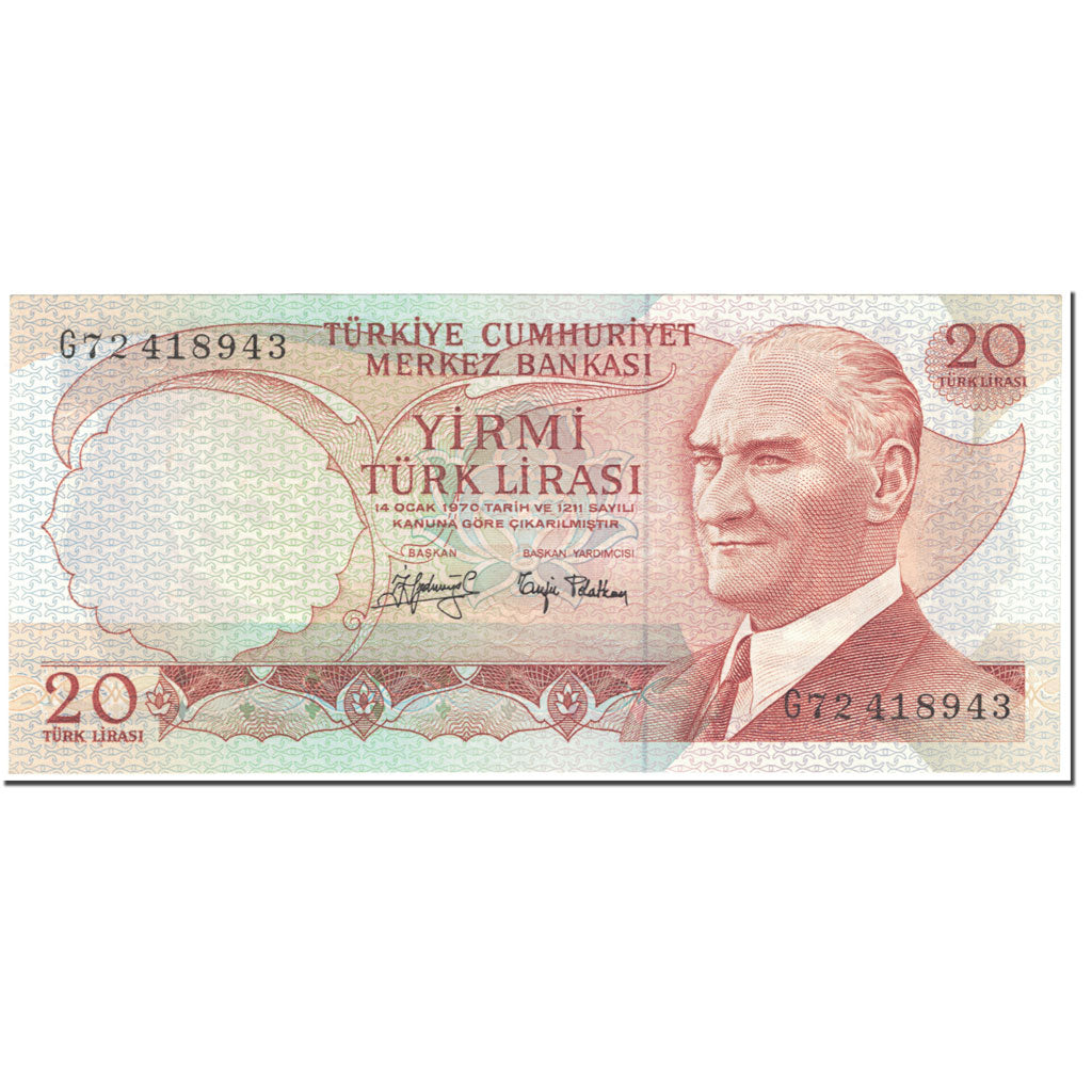 Banknote, Turkey, 20 Lira, 1974, Old Date 1970-10-14, KM:187a, UNC(65-70)
