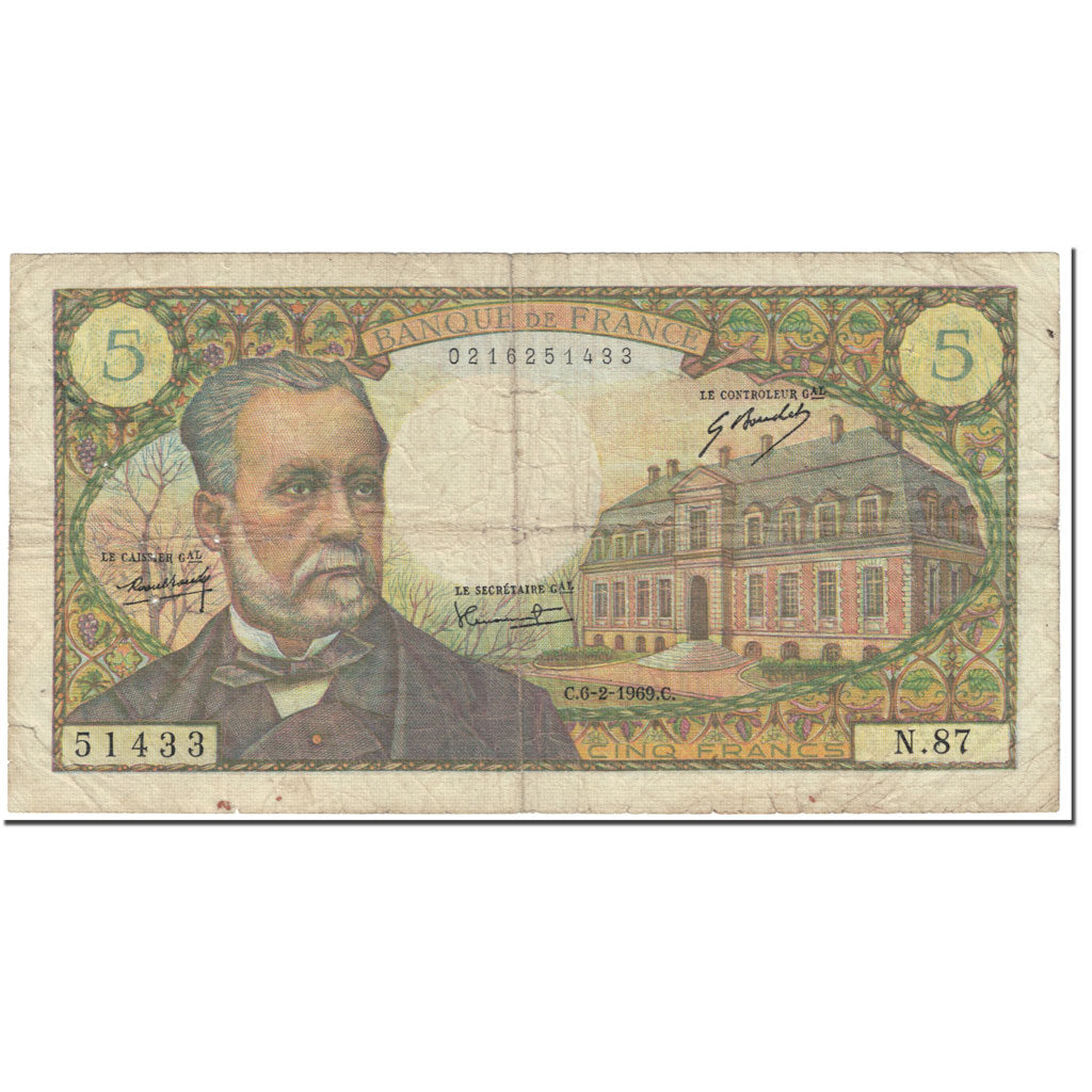 France, 5 Francs, Pasteur, 1969, 1969-02-06, VF(20-25), Fayette:61.9, KM:146b