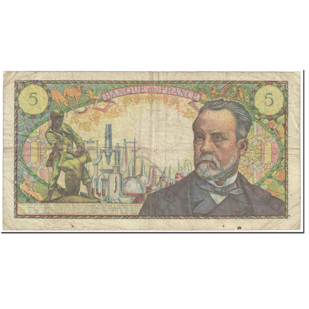 France, 5 Francs, Pasteur, 1969, 1969-02-06, VF(20-25), Fayette:61.9, KM:146b
