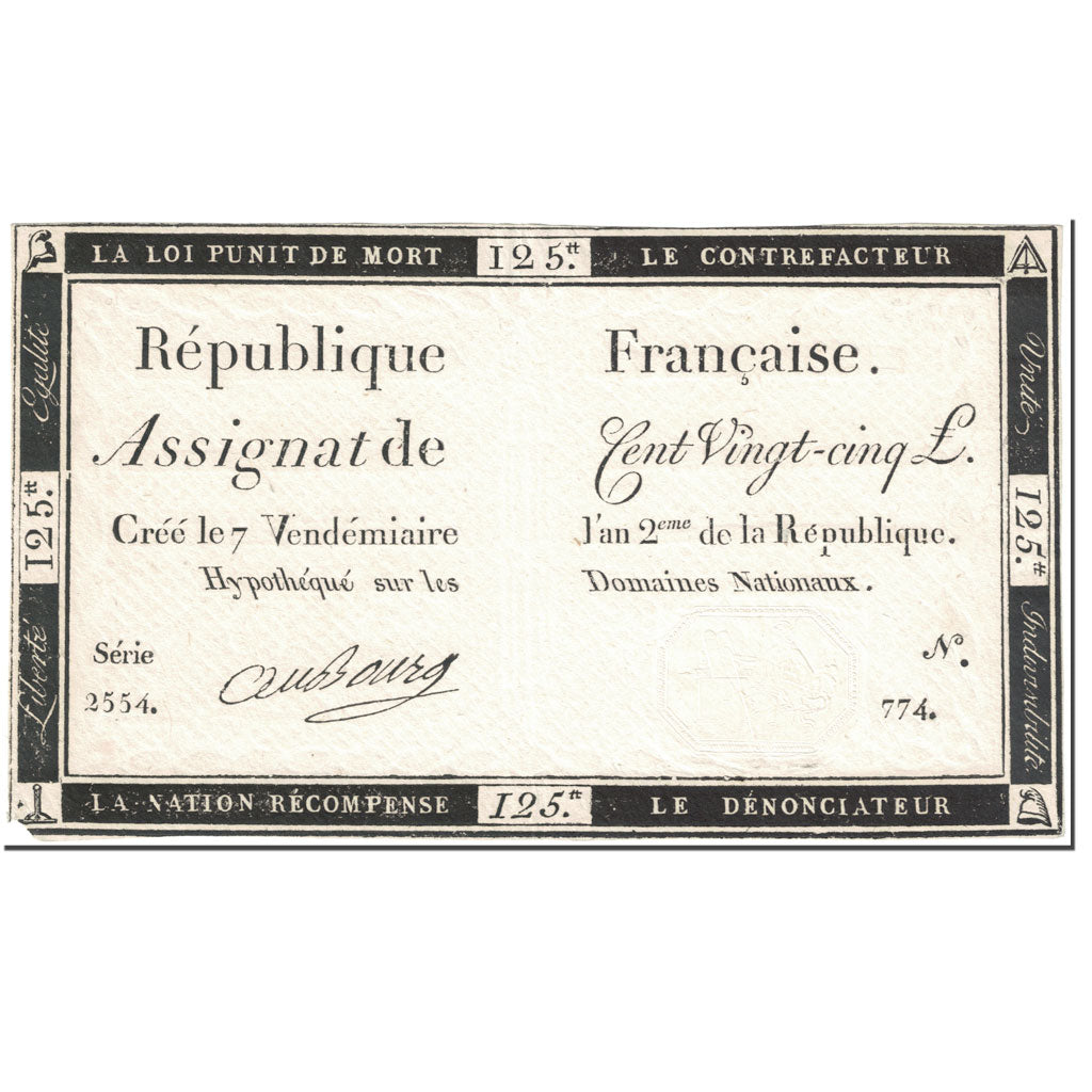 France, 125 Livres, 1793, Bacquin, 7 Vendemiaire An II (28.9.1793)., TTB+