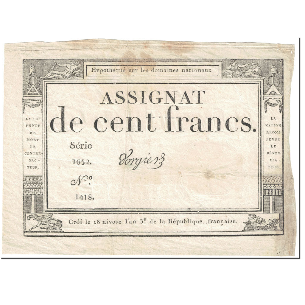 France, 100 Francs, 1795, Vorgier, 18 Nivose An III (7.1.1795)., TB, KM:A78