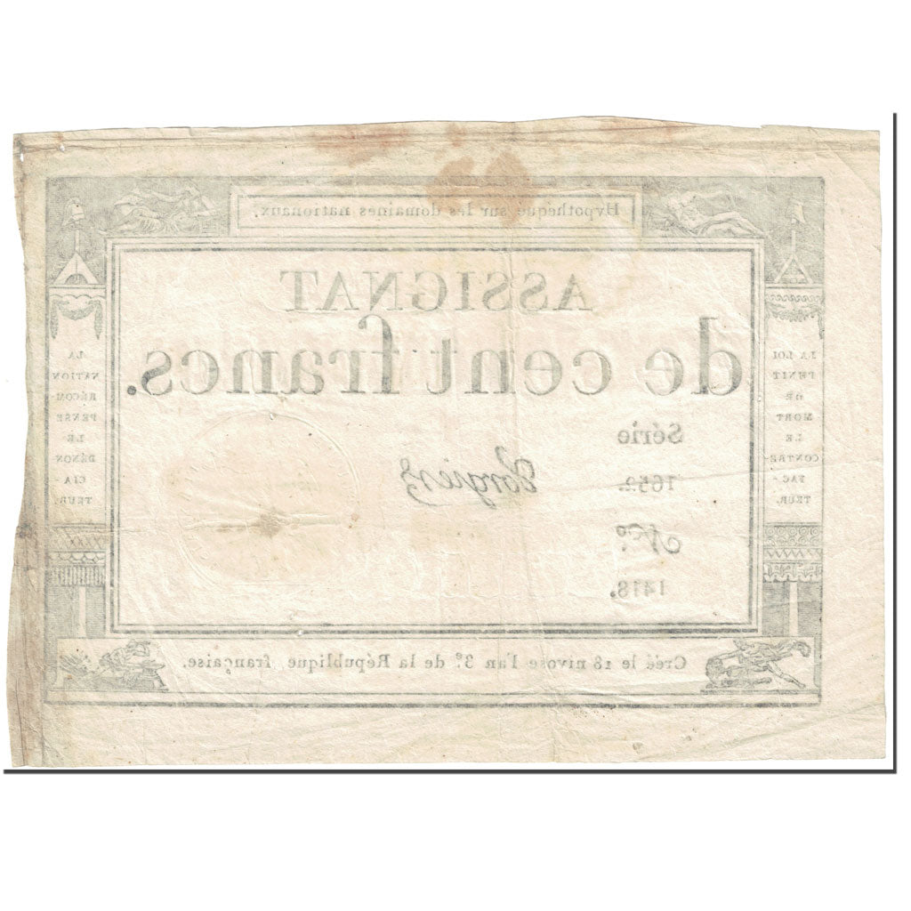 France, 100 Francs, 1795, Vorgier, 18 Nivose An III (7.1.1795)., TB, KM:A78