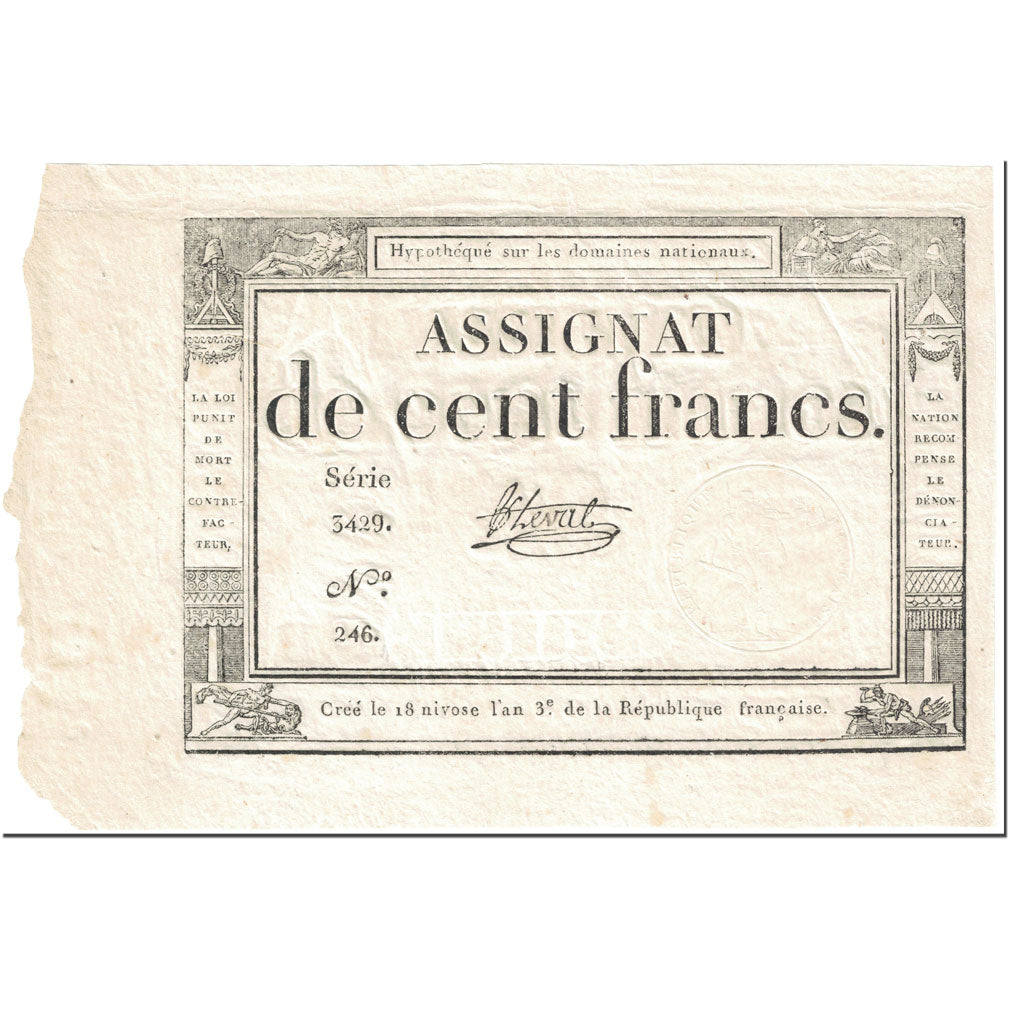 France, 100 Francs, 1795, Leval, 18 Nivose An III (7.1.1795)., SUP, KM:A78