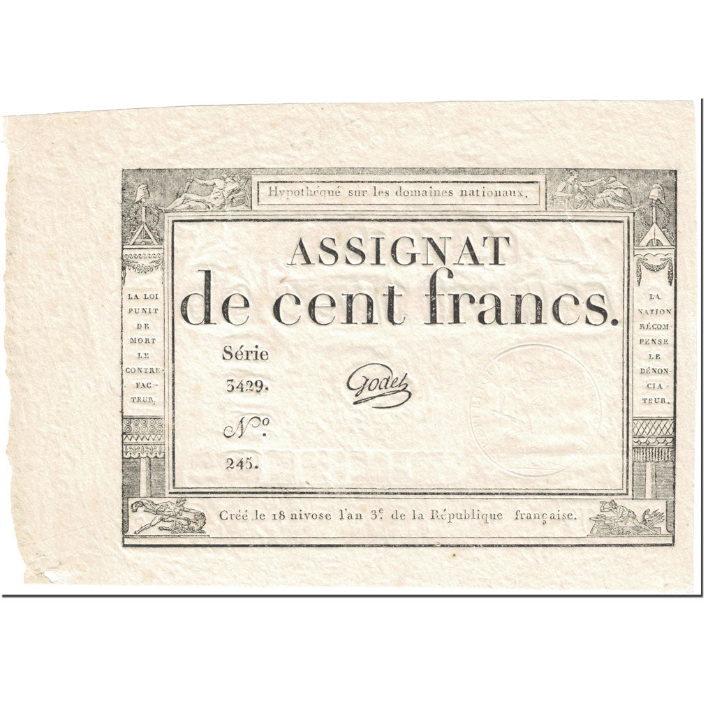France, 100 Francs, 1795, Godet, 18 Nivose An III (7.1.1795)., AU(55-58)