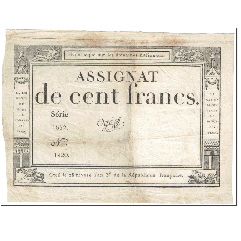 França, 100 Francs, 1795, Oge, 18 Nivose An III (7.1.1795)., VF(20-25), KM:A78