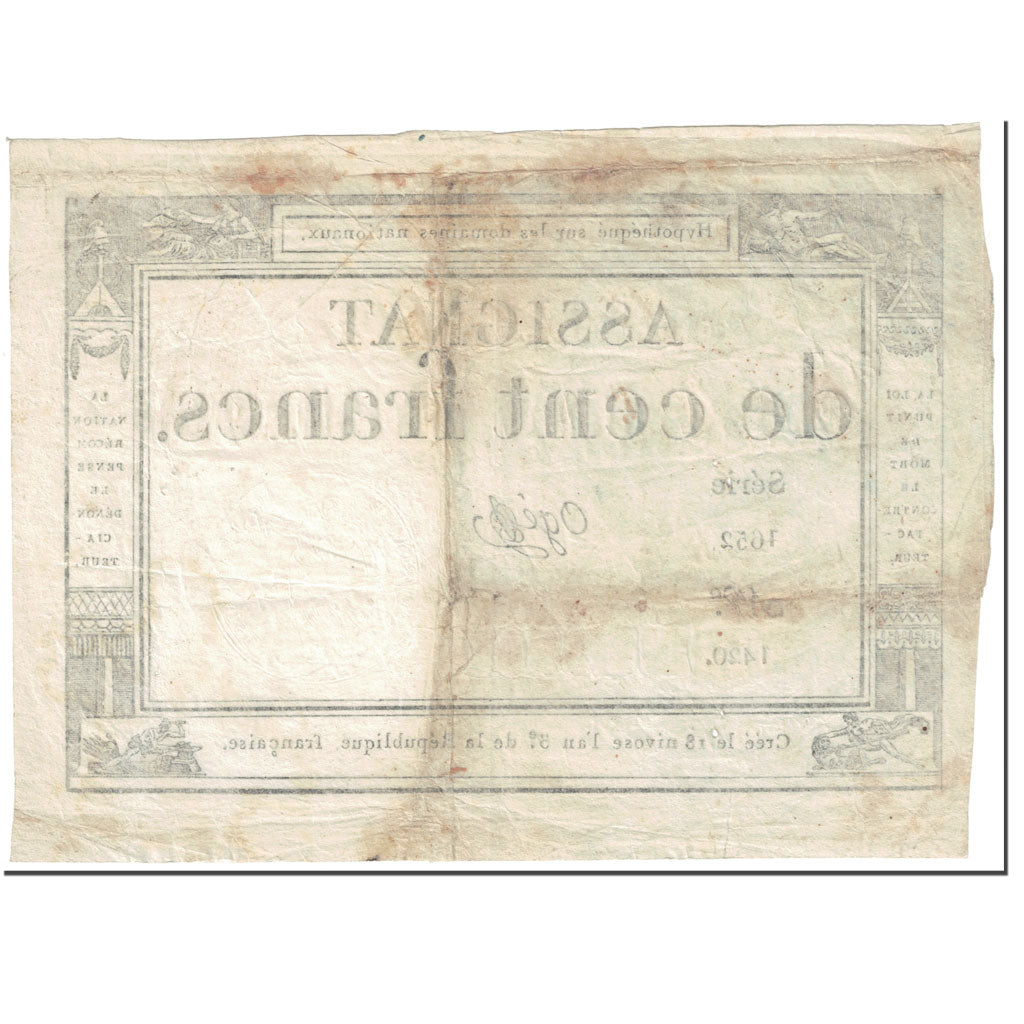 França, 100 Francs, 1795, Oge, 18 Nivose An III (7.1.1795)., VF(20-25), KM:A78