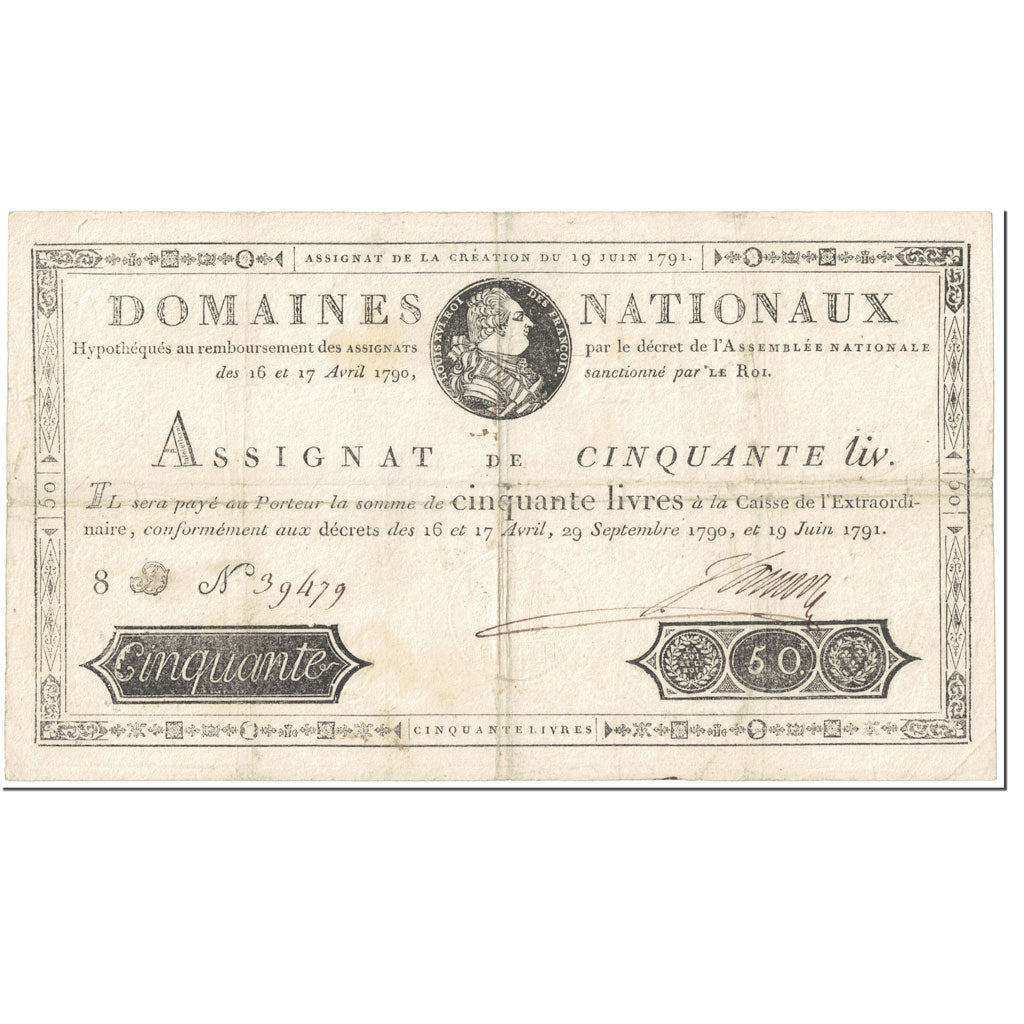Francia, 50 Livres, 1791, Jamin, 1791-06-19, MB, KM:A43, Lafaurie:138
