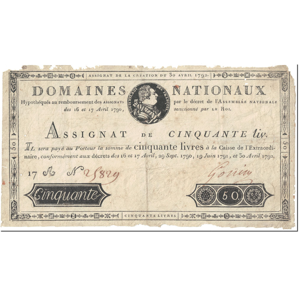 França, 50 Livres, 1792, 1792-04-30, AG(1-3), KM:A58, Lafaurie:153