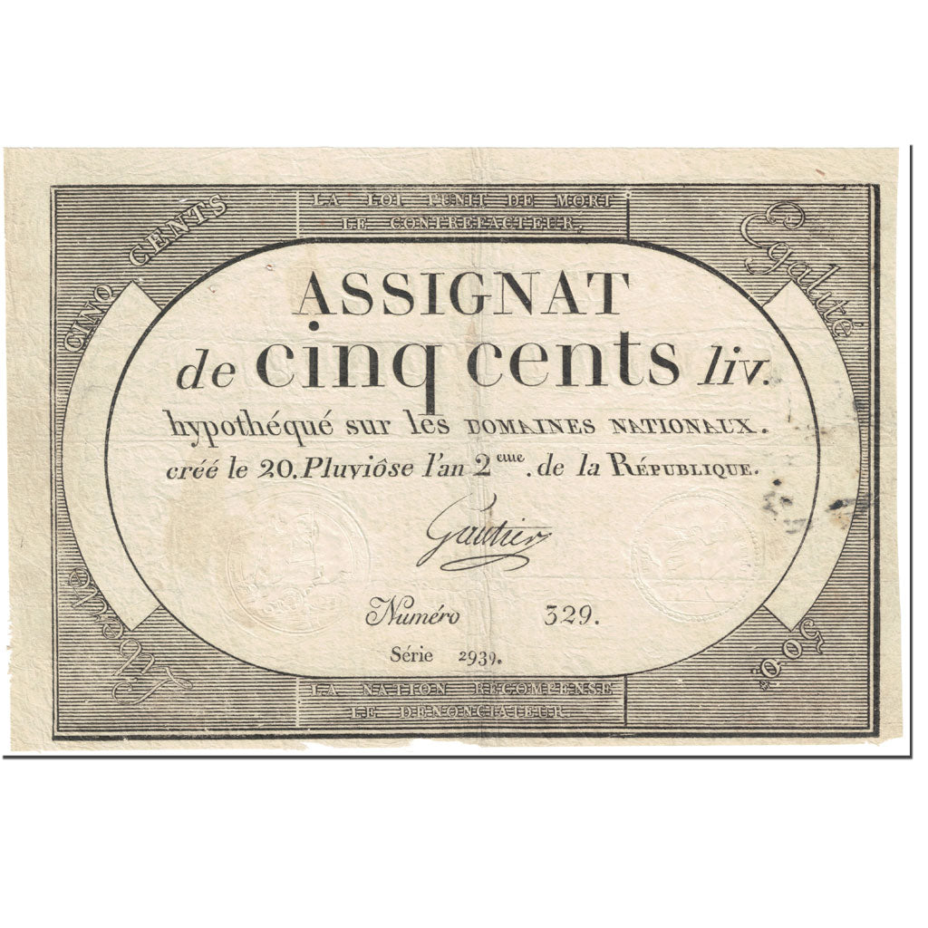 France, 500 Livres, 1794, Gautier, 20 Pluviose An II (8.2.1794)., VF(20-25)