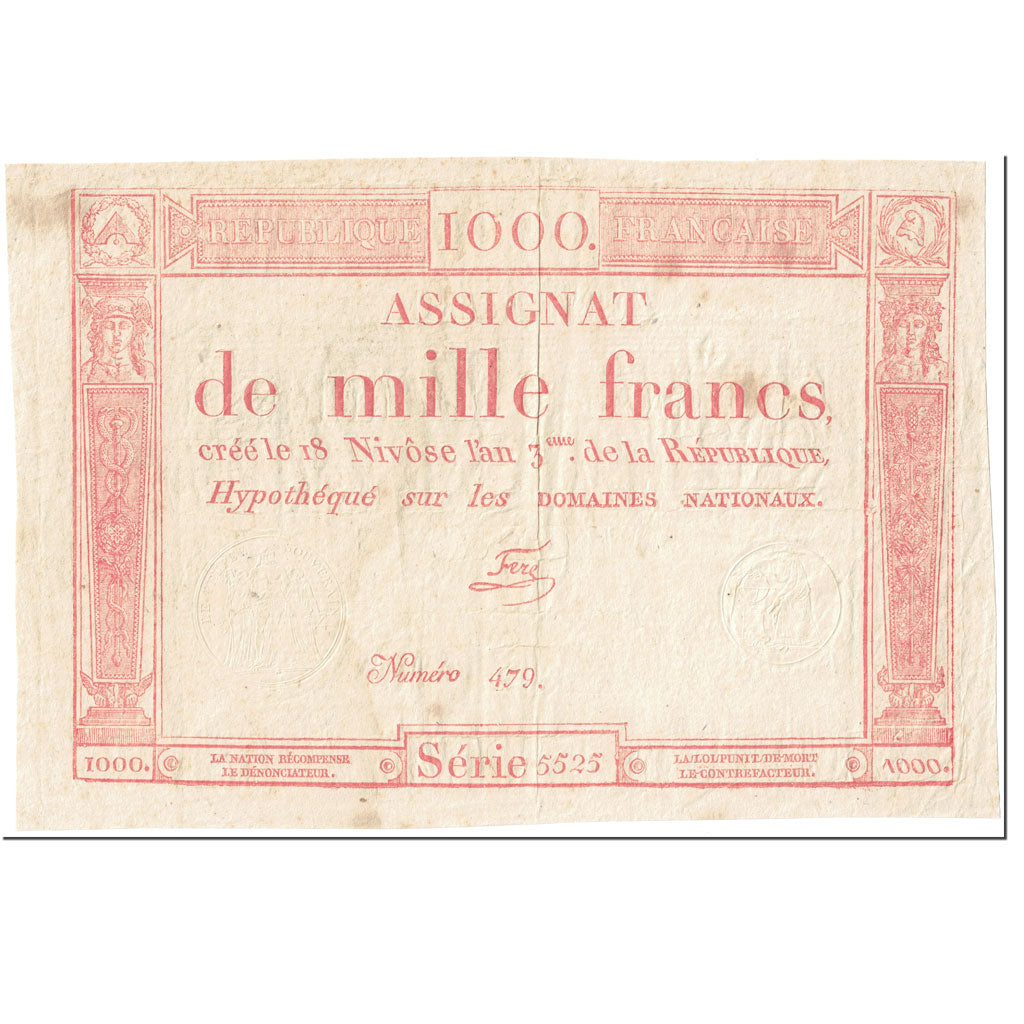 France, 1000 Francs, 1795, Ferz, 18 Nivose An III (7.1.1795)., VF(30-35)