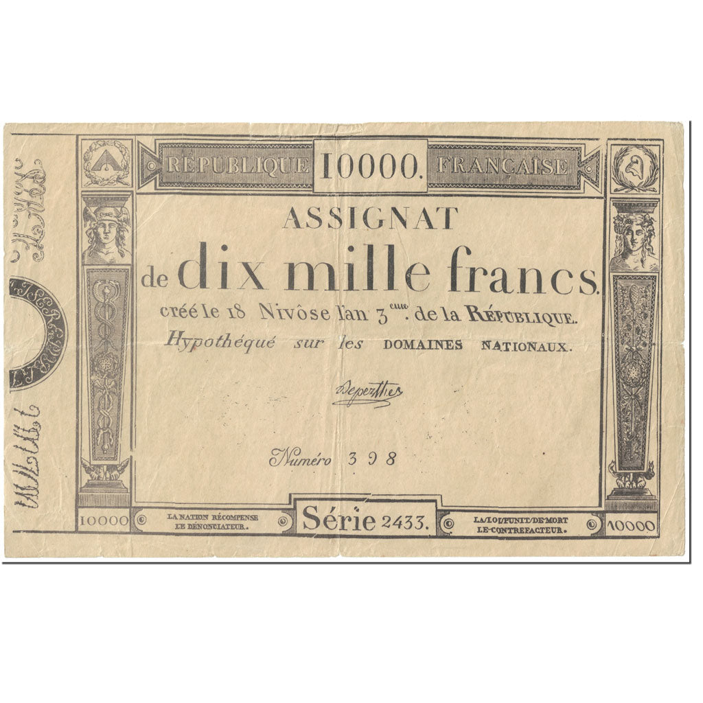 France, 10,000 Francs, 1795, Deperthe, 18 nivôse de l'an 3 - (7 janvier 1795).