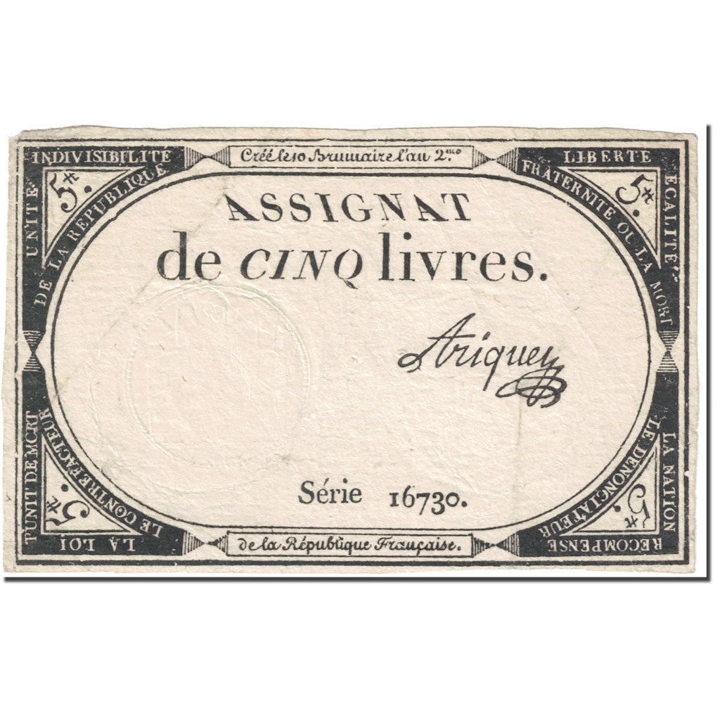 Francja, 5 Livres, 1793, Ariquey, 10 brumaire de l'an 2 - (31 octobre 1793)