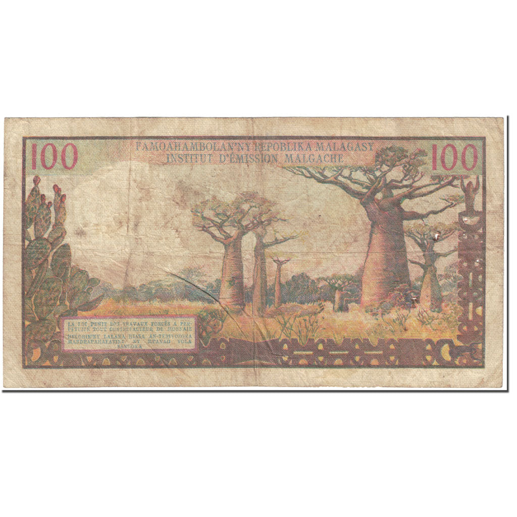Banknote, Madagascar, 100 Francs =  20 Ariary, 1966, Undated (1966), KM:57a