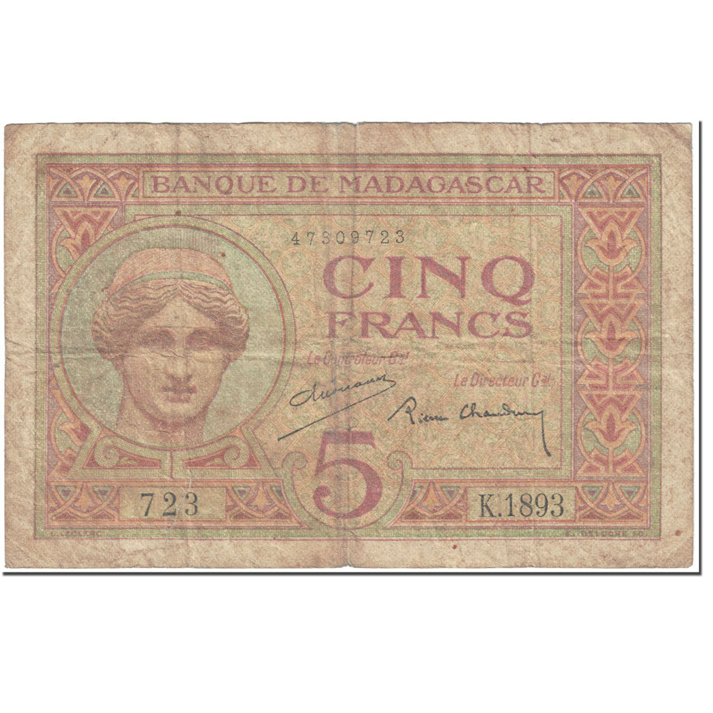 Banknote, Madagascar, 5 Francs, 1937, Undated (1937), KM:35, VF(20-25)