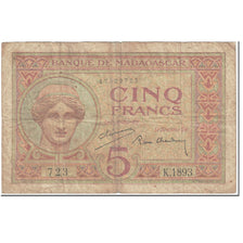 Banknote, Madagascar, 5 Francs, 1937, Undated (1937), KM:35, VF(20-25)