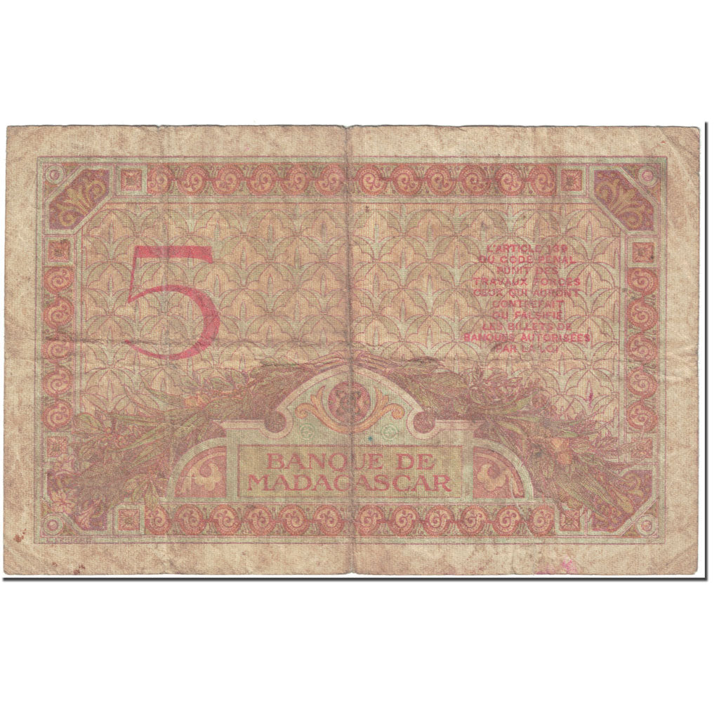 Banknote, Madagascar, 5 Francs, 1937, Undated (1937), KM:35, VF(20-25)