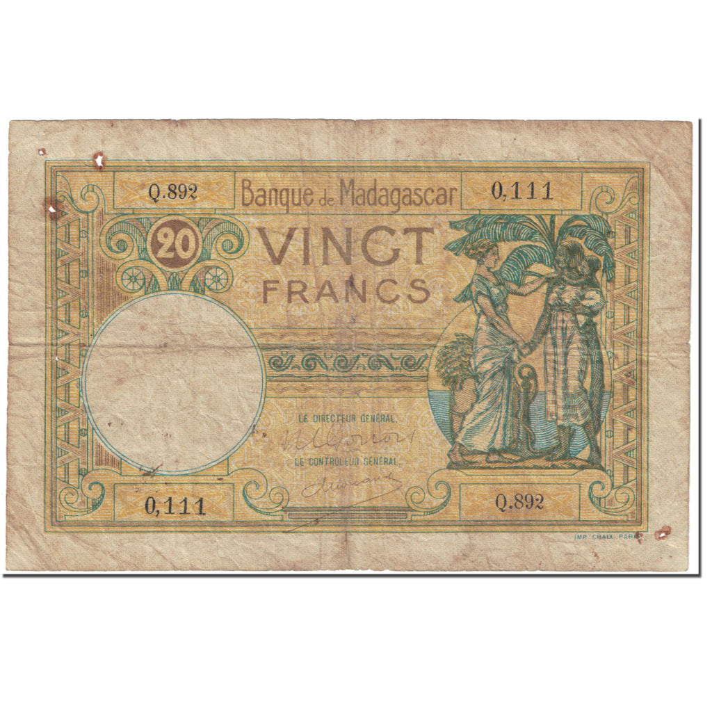 Banknote, Madagascar, 20 Francs, 1937, Undated (1937), KM:37, VG(8-10)