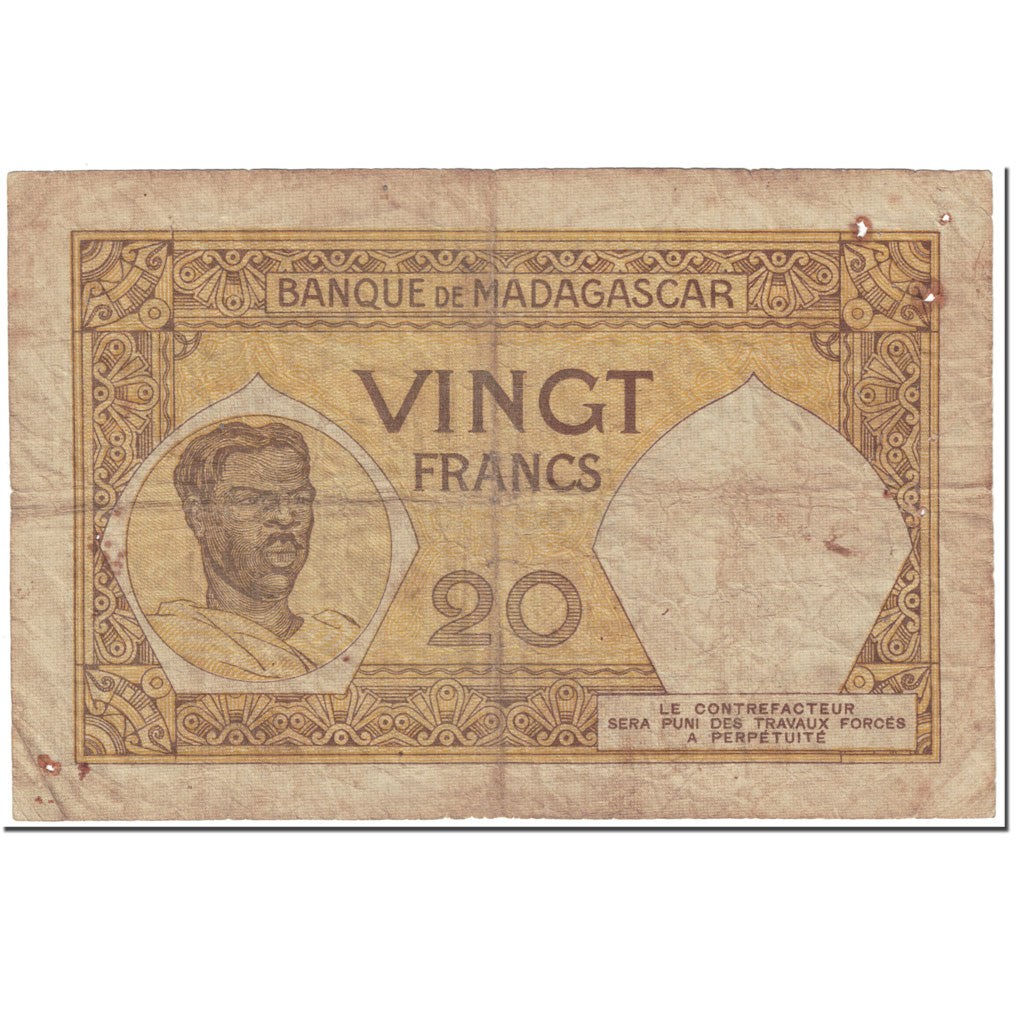 Banknote, Madagascar, 20 Francs, 1937, Undated (1937), KM:37, VG(8-10)