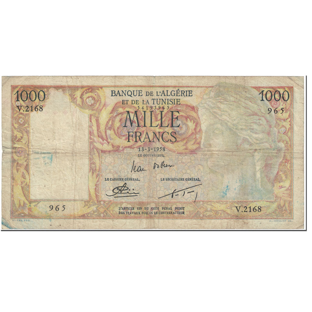 Banknote, Algeria, 1000 Francs, 1958, 1958-03-13, KM:107b, VG(8-10)
