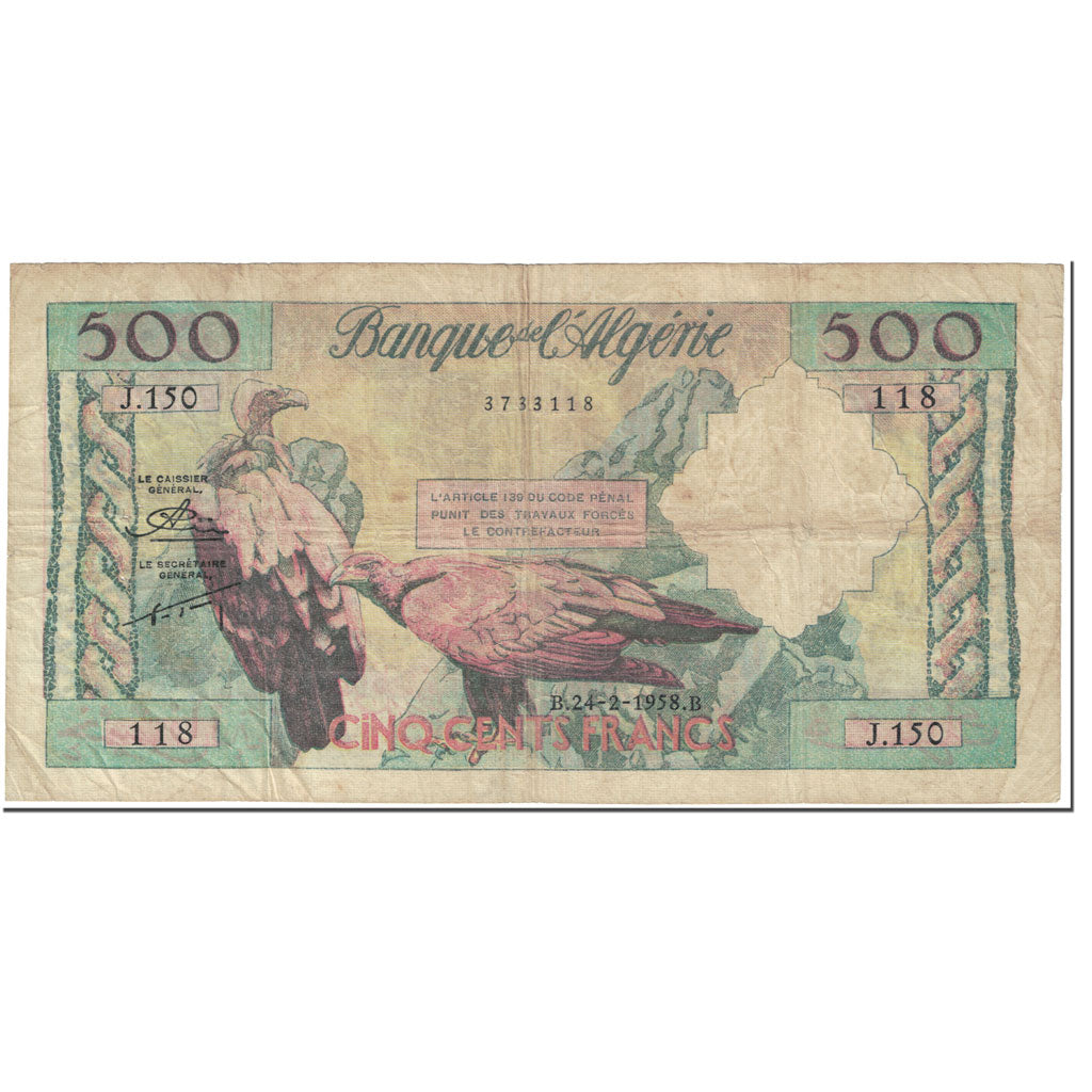 Banknote, Algeria, 500 Francs, 1958, 1958-02-24, KM:117, VF(20-25)