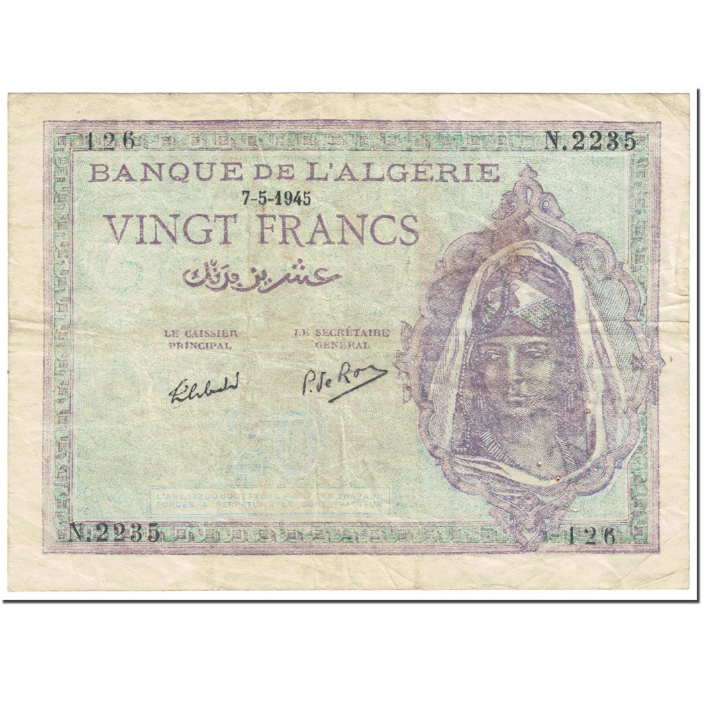 Banknote, Algeria, 20 Francs, 1945, 1945-05-07, KM:92b, VF(20-25)