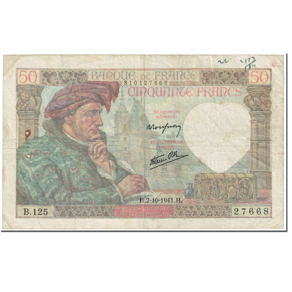 France, 50 Francs, Jacques Coeur, 1941, 1941-10-02, VF(20-25), Fayette:19.15