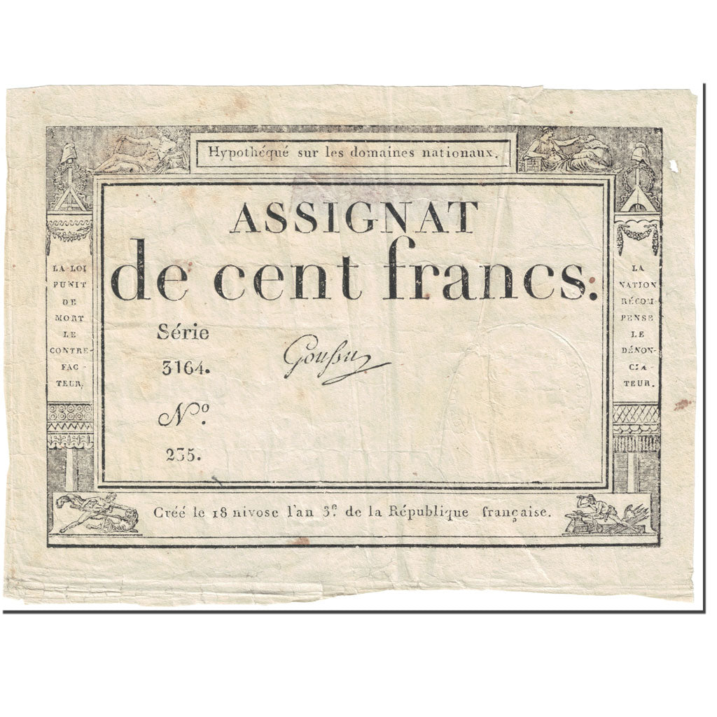 France, 100 Francs, 1795, Goussu, 18 Nivose An III (7.1.1795)., B, KM:A78