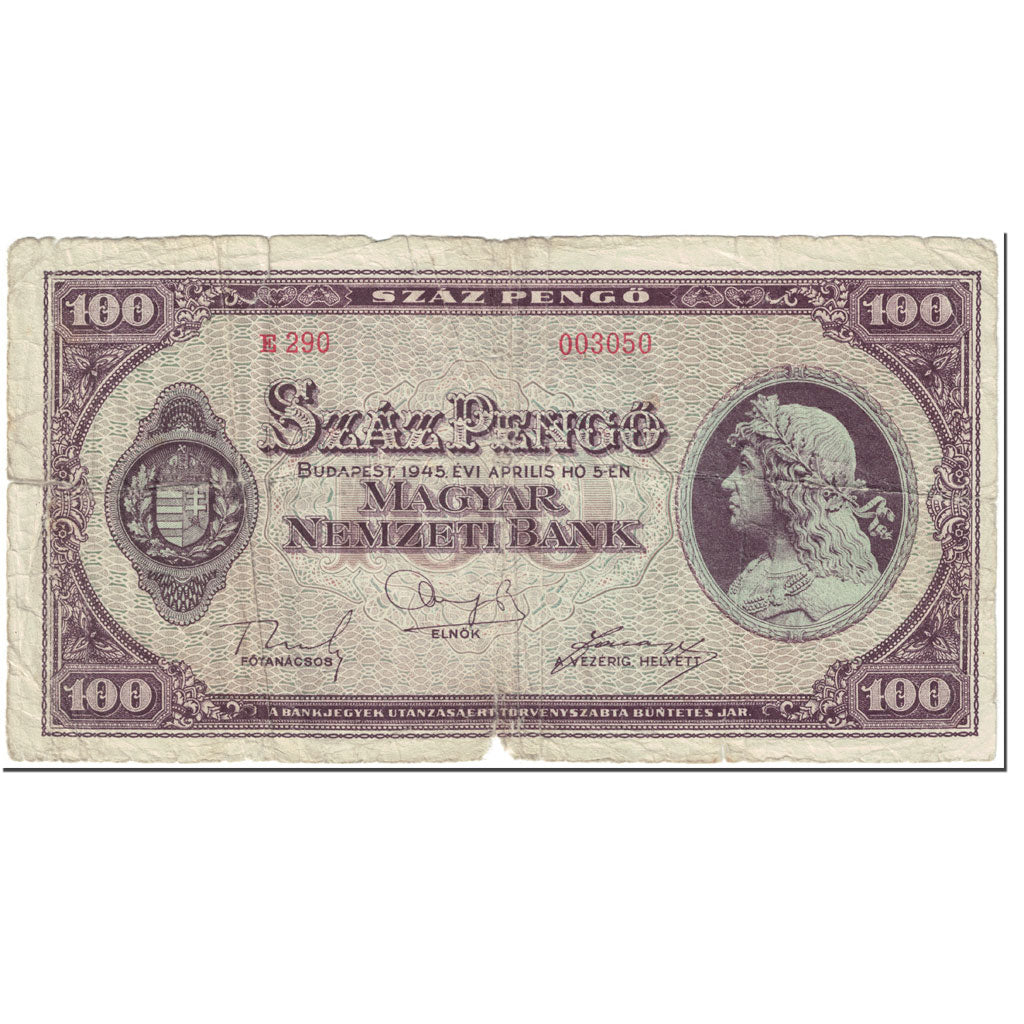Banknot, Węgry, 100 Pengö, 1945, 1945-04-05, KM:111b, AG(1-3)