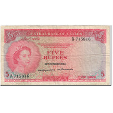Banknote, Ceylon, 5 Rupees, 1954, 1954-10-16, KM:54, VF(20-25)
