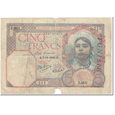 Banknote, Tunisia, 5 Francs, 1940, 1940-10-02, KM:8b, AG(1-3)