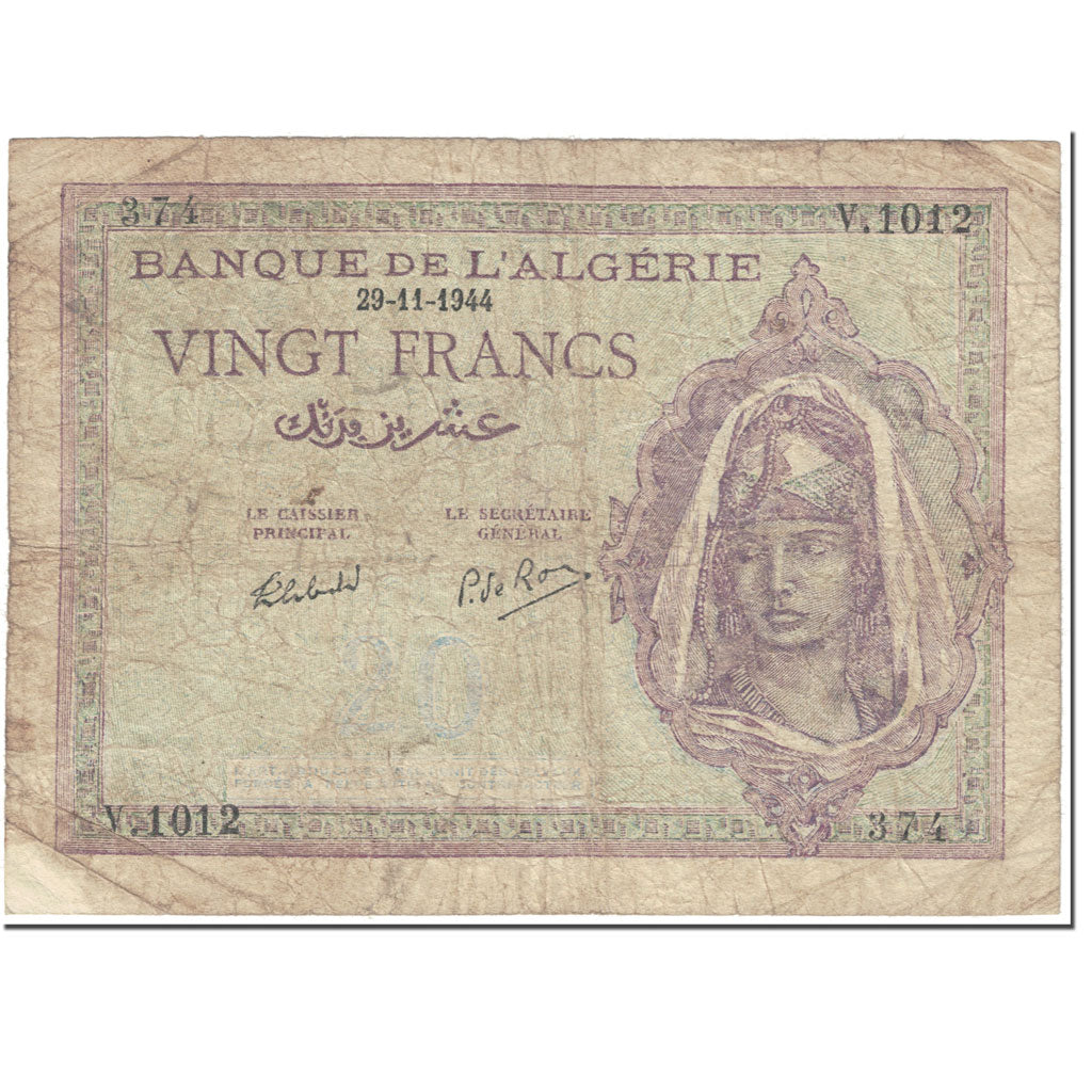 Banknote, Algeria, 20 Francs, 1944, 1944-11-29, KM:92b, VF(20-25)
