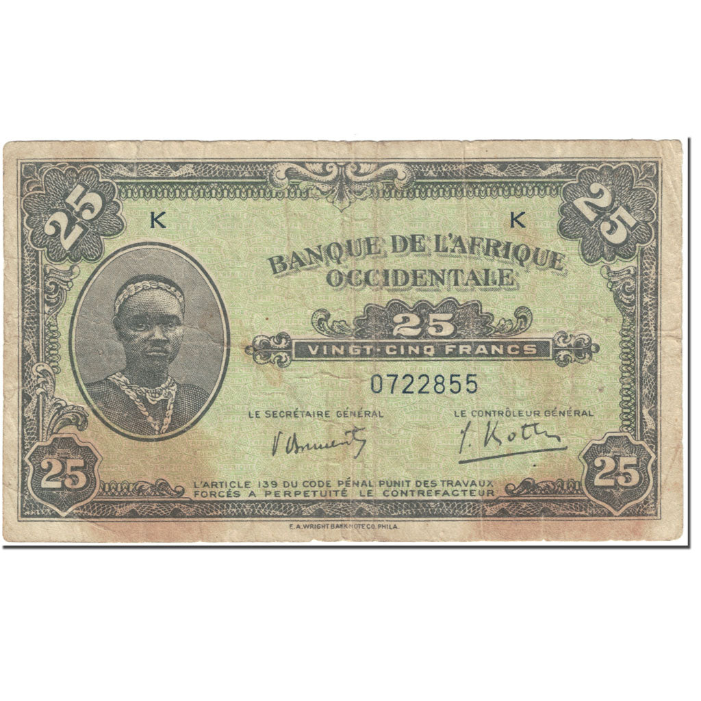 Billet, French West Africa, 25 Francs, 1942, 1942-12-14, KM:30a, B