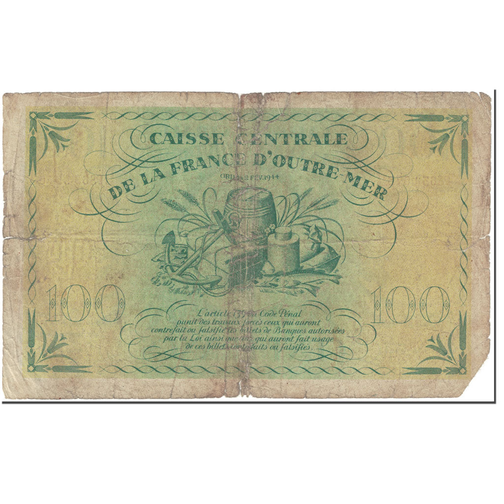 French Equatorial Africa, 100 Francs, 1944, 1944-02-02, AG(1-3), KM:18