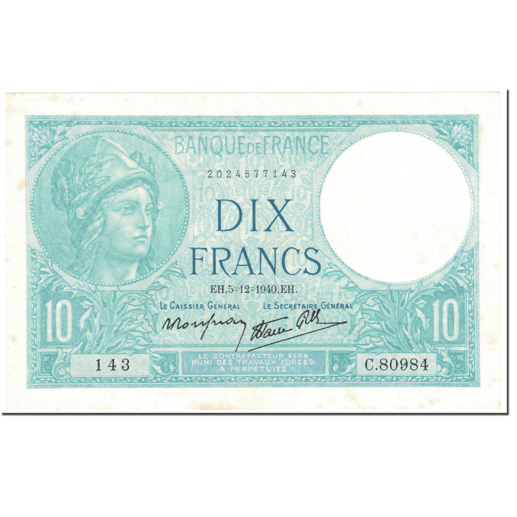 Francia, 10 Francs, Minerve, 1940, 1940-12-05, SPL-, Fayette:7.23, KM:84